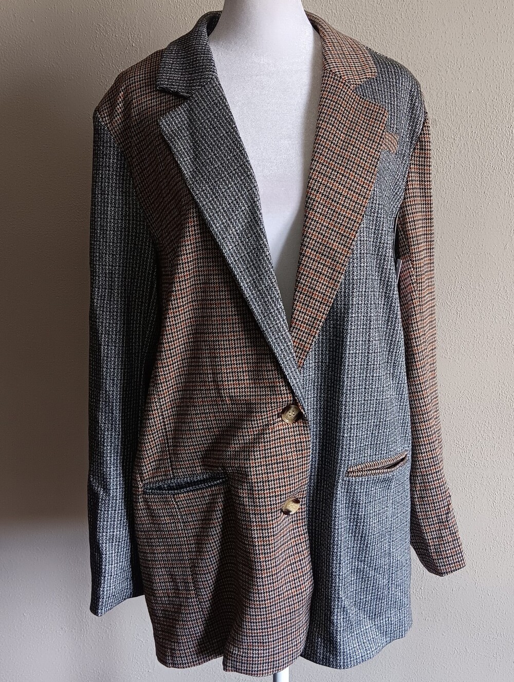 Autumn Office Fall Two Tone Hounds-Tooth Plaid SO Blazer L Jacket New Brown Gray